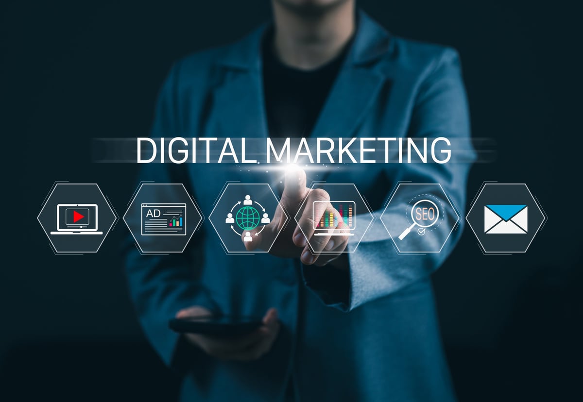 Digital marketer reviewing SEO analytics and online advertising performance on a touchscreen interface